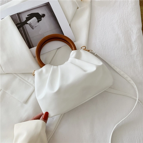 Women Fashion Pleated Shoulder Bag With Round Wood Handle PU Leather Ruched Cloud Pouch Crossbody Handbag For Daily Street Chic