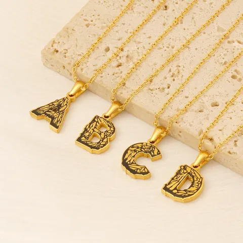 Initial Letter Pendant Necklace Stainless Steel Gold Plated Black Enamel Texture Vintage Retro Style Jewelry