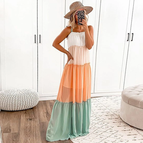 Robe Longue Mousseline Patchwork Color Block Étagée Fines Bretelles Dos Nu Été Plage Bohème Élégante Pour Femmes