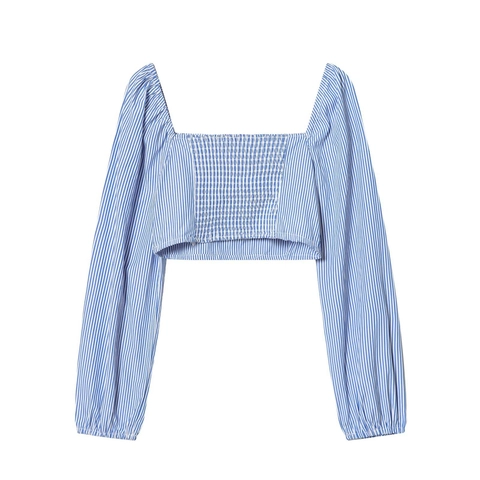 Damen Gestreiftes Crop Top Polyester Eckiger Ausschnitt Puffärmel Smocked Bluse Lässiger Französischer Stil