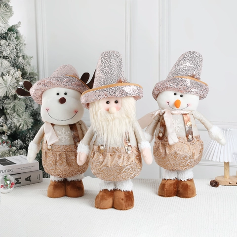 Christmas Plush Doll Telescopic Standing Reindeer Snowman Santa Claus Sequined Fabric Ornament Holiday Home Party Decor