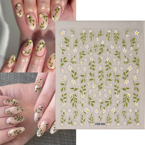 Autocollants Ongles 5D Relief Motifs Floraux Feuilles Auto-adhésif Imperméable Décoration Manucure DIY Femmes