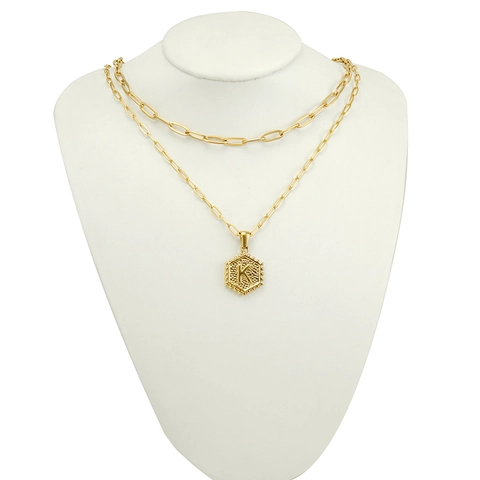 Collier Double Couche Plaqué Or 18K Acier Inoxydable Hexagone Initiale Alphabet Médaille Pendentif Chaîne Trombone Bijou
