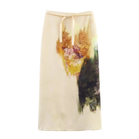 Elegant Women Satin Midi Skirt Floral Ink Print Tie Waist High Waisted Slit Streetwear Sexy Chic Polyester Bottoms
