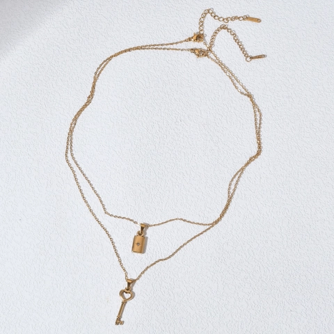 Doppelschichtige Halskette Gold Plattiert Edelstahl Schlüssel Und Schloss Herz Flügel Trendy Mode Schmuck Damen