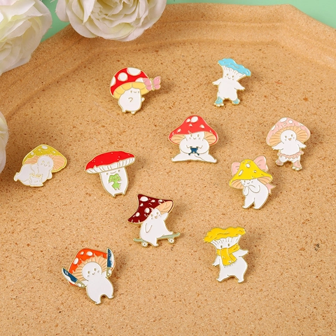 Cartoon Anthropomorphic Mushroom Enamel Pin Alloy Drip Oil Brooch Cute Mushroom Elf Badge For Backpack Clothing Decor Gift