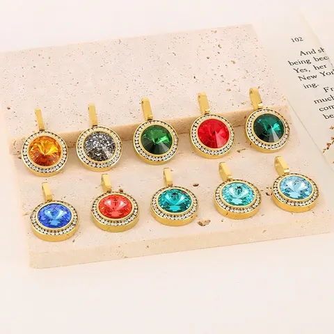 Round Halo Pendant Necklace Stainless Steel With Zircon And Colorful Artificial Crystal Geometric Fashion For Women