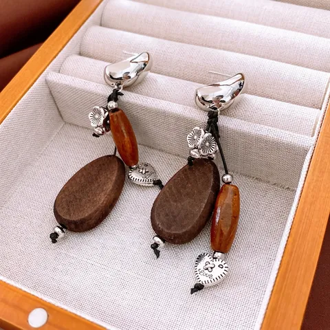 Vintage Wood Beaded Drop Earrings With 925 Sterling Silver Earring Post Alloy Heart Flower Charm Bohemian Style Women