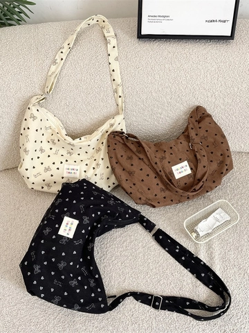 Corduroy Shoulder Bag With Heart Bow Print Crescent Crossbody Bag For Women Adjustable Strap Casual Retro Zip Closure