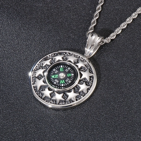 Stainless Steel Compass Pendant Functional Round Star Relief Punk Vintage Outdoor Jewelry For Men