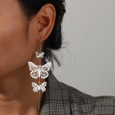 Europäische Mode Lange Hohle Schmetterling Ohrhänger Für Damen Legierung Metall Dreilagige Schmetterling Quaste Ohrringe Schmuck Geschenk