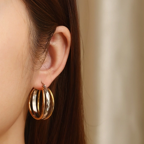 Tricolor Hoop Earrings Interlocking Intertwined Stainless Steel Gold Silver Rose Gold Geometric Jewelry For Women