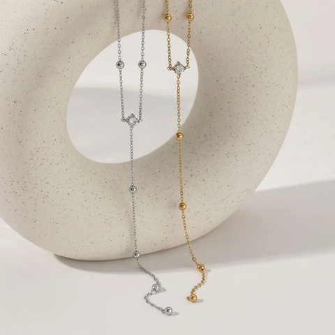 Collier En Acier Inoxydable En Forme De Y Minimaliste Avec Perles Station Et Pendentif En Zircone Cubique Ronde Pour Femmes