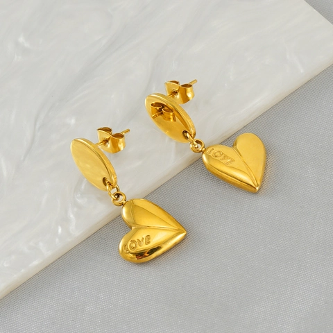 Heart Dangle Earrings 18K Gold Plated Stainless Steel Love Engraved Vintage Fashion Jewelry For Women Elegant Gift