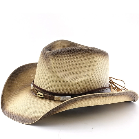 Sombrero De Paja Vaquero Occidental Degradado Pintura Ala Ancha Tejido Papel Protección Solar Playa Vintage Decoración Concha