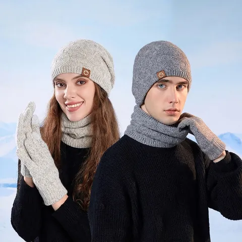 Winter Warm Beanie Hat Neck Warmer And Touchscreen Gloves Acrylic Knitted Fleece Lined Outdoor Windproof For Men Women