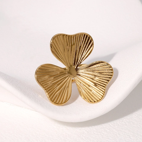 Anello Petali Fiori Acciaio Inossidabile Oro 18K Regolabile Texture Spazzolata Gioielli Chic Per Donna