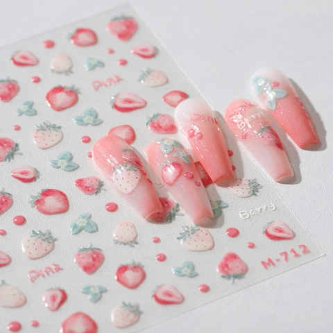 3D Embossed Strawberry Nail Art Stickers Cute Sweet Pink Fruit Design DIY Self Adhesive Nail Decals For Women Daily Decorative Manicure