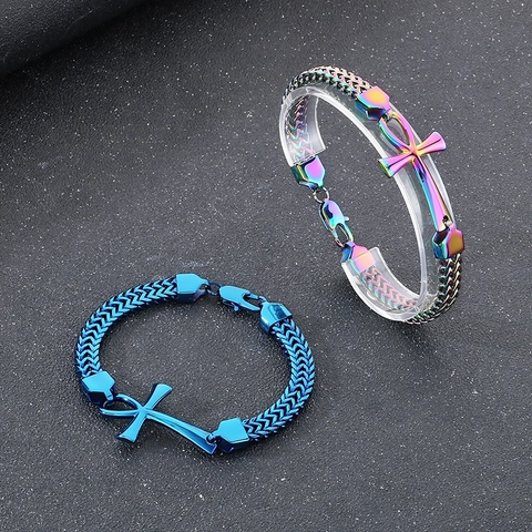 Bracciale Croce Ankh Acciaio Inossidabile Catena Intrecciata Egiziana Chiave Della Vita Gioielli Punk Vintage Per Uomo Donna