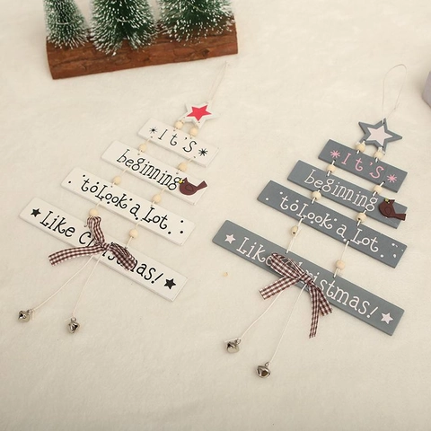 Weihnachtsbaum Holz Hängeschild Mit Englischem Schriftzug Stern Karierte Schleife Glocke Ornament Für Feiertagsparty Heimdekoration