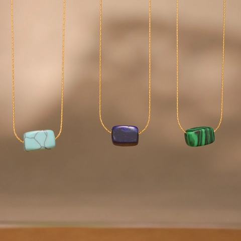 Collier Pendentif Pierre Naturelle Acier Inoxydable Plaqué Or 18K Rectangulaire Lapis-Lazuli Malachite Turquoise Femmes
