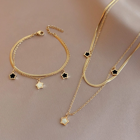 Gelaagde Ster Hanger Ketting Vergulde Legering Schelp Slangenketting Minimalistische Elegante Sieraden Voor Dames