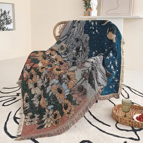 Sonnenblumen Mond Stern Berg Baumwolle Webteppich Decke Fransen Tassel Sofa Bett Camping Picknick Boho Dekoration