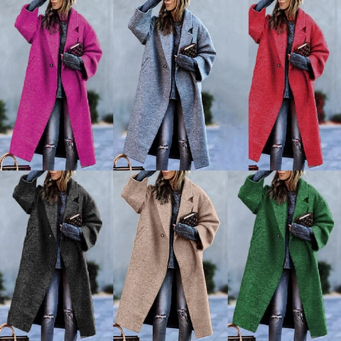 Cappotto Lungo di Lana Elegante da Donna con Revers Doppio Petto Vestibilità Larga Soprabito Autunno Inverno Casual Tinta Unita
