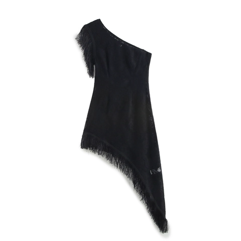 Asymmetric Shoulder Maxi Dress Black Lace Fringe Tassel Slit Slim Fit Elegant Party Evening Wear For Women