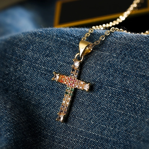 Collana Con Pendente A Croce Rame Placcato Oro Zirconia Micro Pave Hip Hop Gioielli Di Lusso Per Donne