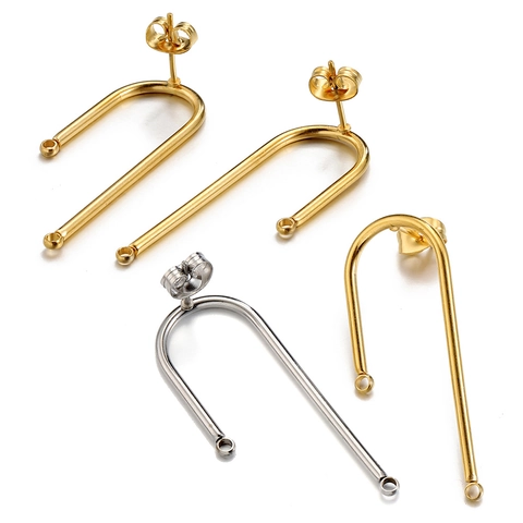 Stainless Steel U Shape Earring Posts With Dual Hanging Loops Vacuum Gold Plated DIY Jewelry Making Findings Connector