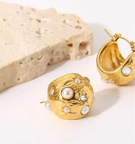 Boucles D'oreilles Puces Hémisphériques Acier Titane Plaqué Or 18K Texture Lave Irrégulière Künstliche Perle Zircon Pour Femmes