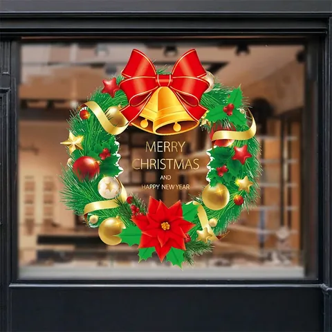Christmas Wreath Window Clings Static PVC Sticker Reusable Glass Decals Merry Christmas Decor For Holiday Shop Display