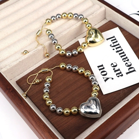 French Vintage Copper 18K Gold Plated Heart Pendant Beaded Bracelet Adjustable Drawstring Link Chain Bracelet For Women Jewelry