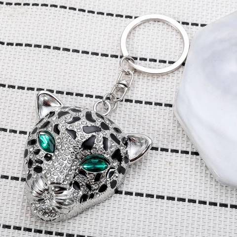 Portachiavi Testa Di Leopardo Lega Di Zinco Strass Occhi Verdi Smalto Nero Pendente Hip Hop Retro