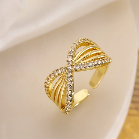 Anello Aperto Geometrico Minimalista In Rame Placcato Oro Vero Zircone Croce Multistrato Regolabile Da Donna
