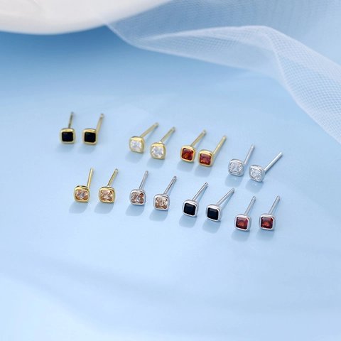 S925 Sterling Silver Mini Square Stud Earrings For Women Student Minimalist Geometric Colorful Rhinestone Ear Bone Studs Hypoallergenic Jewelry