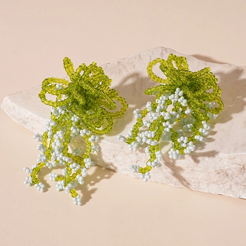 Orecchini Di Perline Intrecciati A Mano Con Perno In Argento Fiocco A Farfalla Grappolo Di Fiori Nappa Lunga Stile Vacanza Per Donne