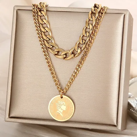 Collar Doble Capa Vintage Acero Inoxidable Cadena Eslabones Colgante Moneda Retrato Retro Joyas Punk Hip Hop Mujeres