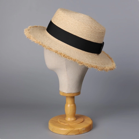 Raffia Boater Hat Flat Top Frayed Wide Brim Sun Protection Summer Beach For Women Men Black Ribbon Decor Vintage