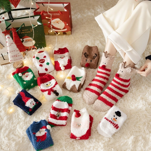 Women Christmas Fuzzy Socks Thick Warm Coral Fleece Winter Floor Socks Cute Cartoon Santa Claus Snowman Reindeer Decor
