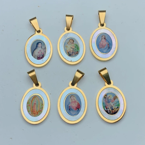 Religious Pendant Stainless Steel 18K Gold Plated Shell Oval Catholic Virgin Mary Guadalupe Jesus Sacred Heart Accessory