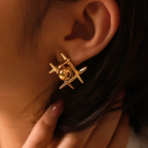 Geometric Ball Stud Earrings Stainless Steel 18K Gold Plated Hashtag Design Minimalist Jewelry For Women Non Fading