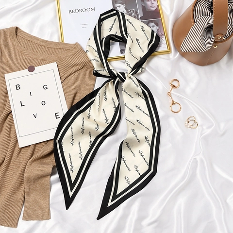 French Vintage Polyester Satin Scarf For Women Rabbit Floral Geometric Printed Neck Scarf Hair Tie Bag Handle Ribbon