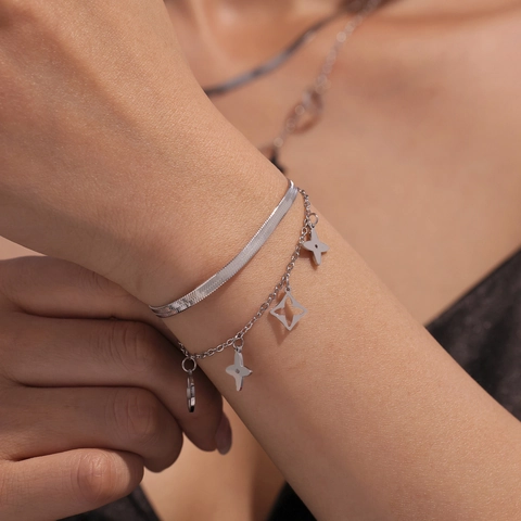 Double Layer Snake Chain Jewelry With Four Leaf Clover Charms Stainless Steel Necklace Bracelet Anklet For Women