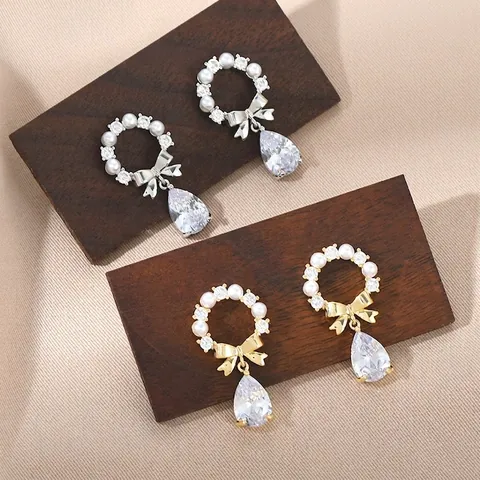Orecchini Pendenti Con Fiocco Goccia D'acqua Con Rame Zircone Perla Artificial E Perno In Argento Sterling 925 Donna Gioielli Eleganti