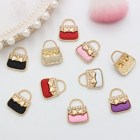 Handbag Charms Alloy Pendants With Faux Artificial Pearl Bowknot Enamel Quilted Pattern For DIY Jewelry Making Findings Accessories