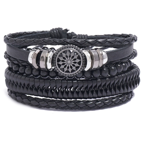 Men Braided Bracelet Faux Leather Wood Beads Wax Cord Alloy Mandala Punk Retro Bohemian Adjustable Wristband