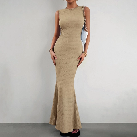 Mouwloze Maxi Jurk Gebreid Getextureerd Slim Fit Zeemeermin Zoom Ronde Hals Hoge Taille Elegant Feestkleding Dames