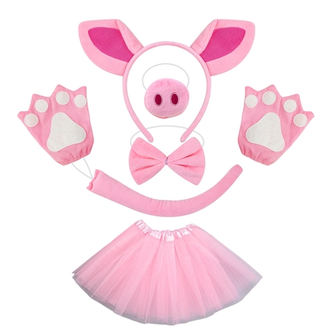 Accessori Costume Animale Maialino Rosa Cerchietto Orecchie Peluche Naso Papillon Coda Tutu Per Halloween Festa Bambini Travestimento